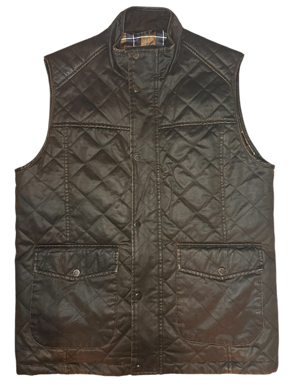Johnston & Murphy Quilted Vest Mens L Brown Waxed Look Plaid Lined Full Zip